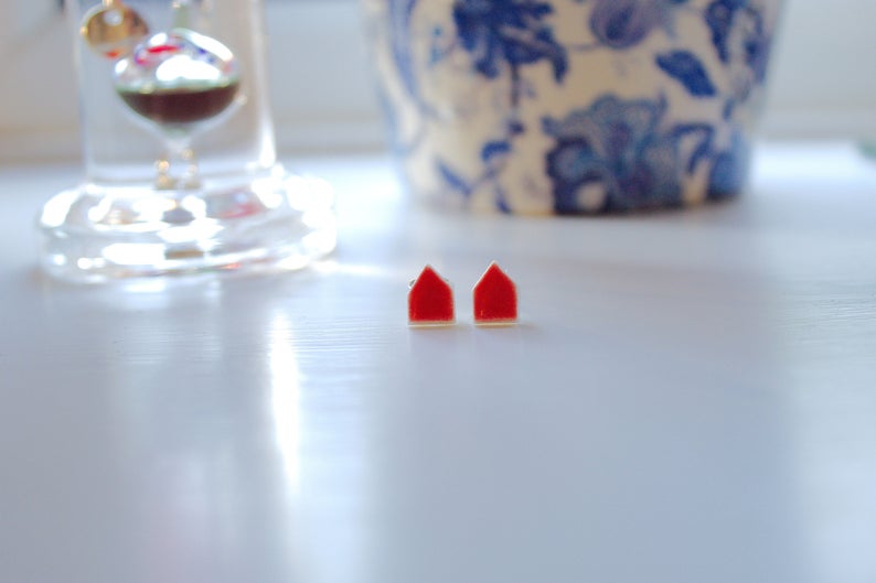 Tiny House Earrings  Porcelain Ceramic Studs Red Glaze