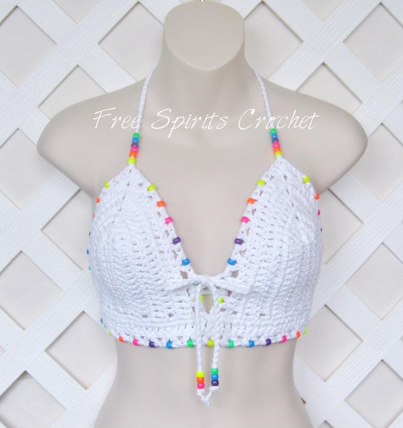 White or Black Kandi Bead Rave Crochet Halter Top