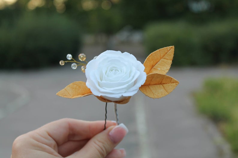 White rose Gold leaf hair pin Bridal hair pin Wedding Gold