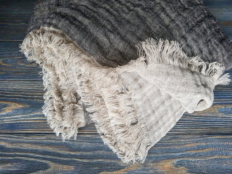 Fringed linen blanket softened linen blanket black beige