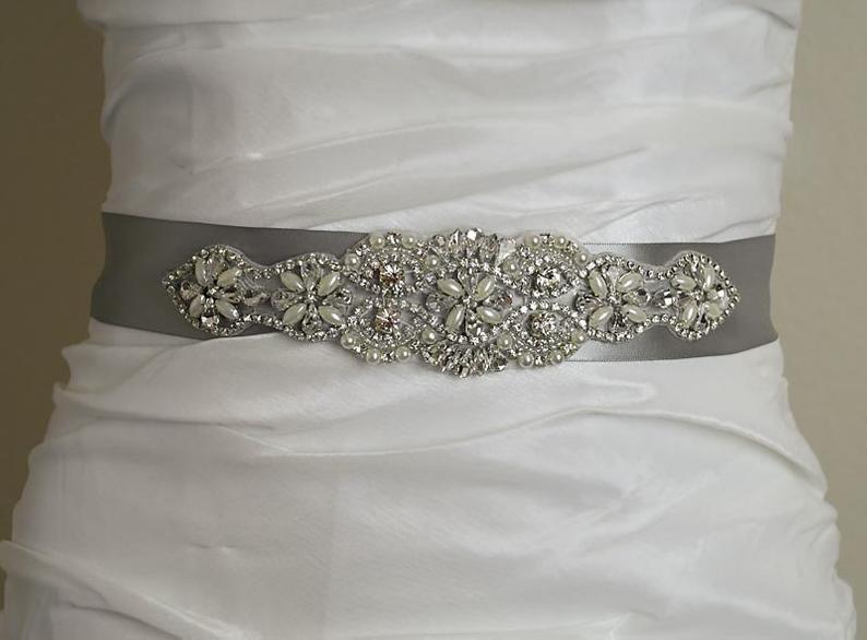 Vintage Pearl Crystal Silver Satin Wedding Sash Crystal