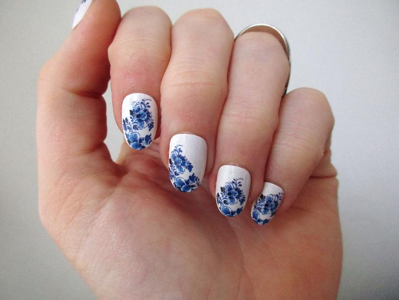 Delft Blue nail tattoos / nail decals / nail art / boho nails