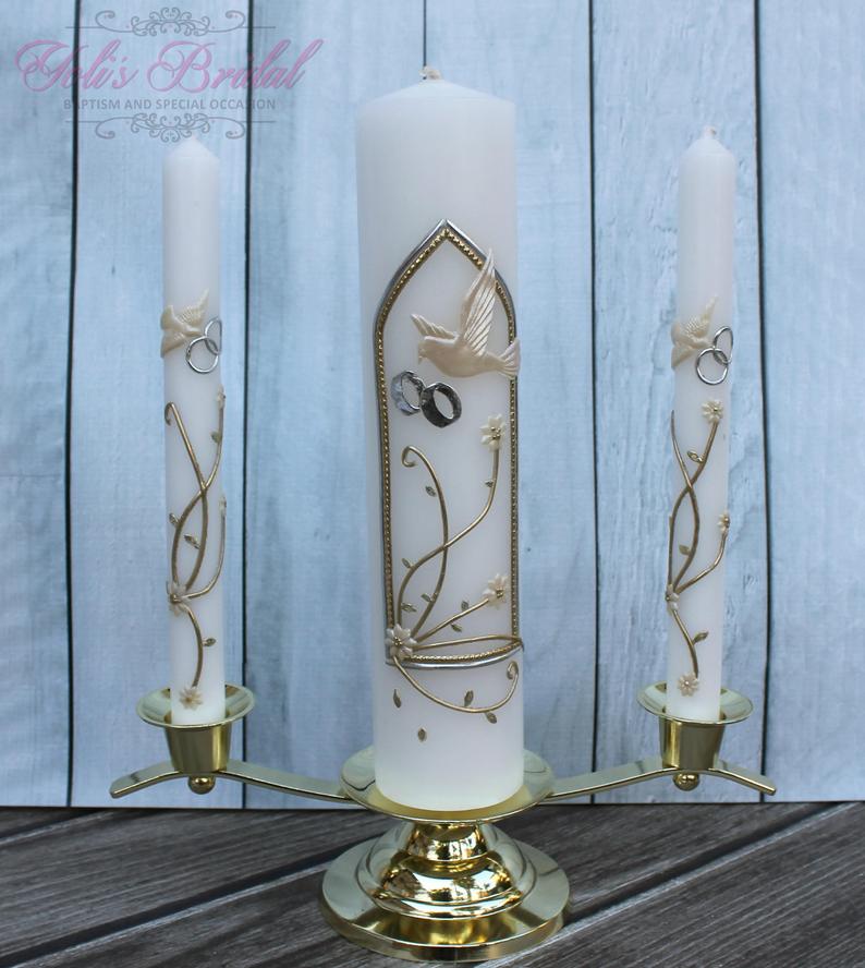 FAST SHIPPING Beautiful Gold Unity Candle Set with Gold Base