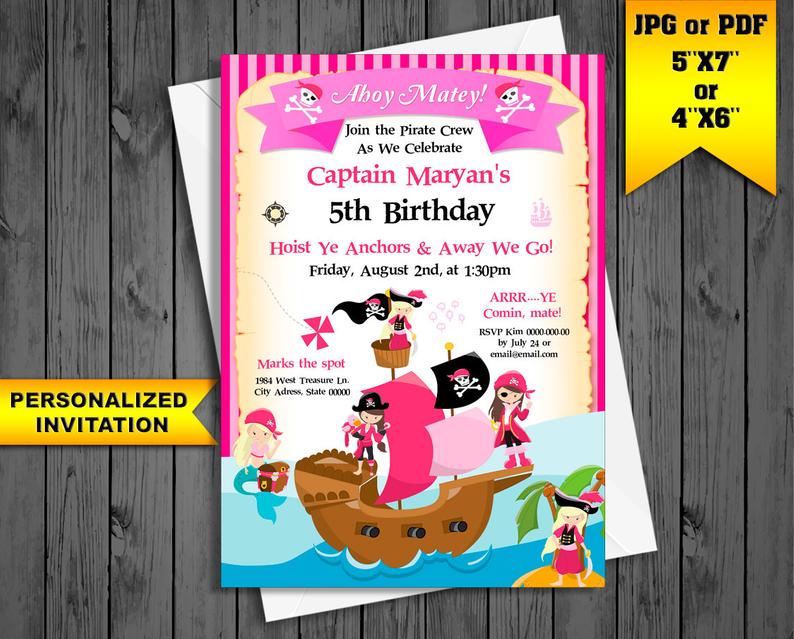 Invitation Pink PIRATE Party for girls PERSONALIZED Birthday