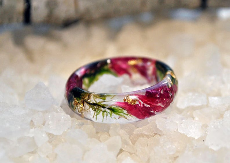 Resin flower ring with Pink Peony Forest Moss and 24K Gold.