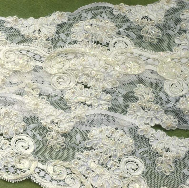 Vintage Embroidered Lace Pearls Scallops Floral Yardage