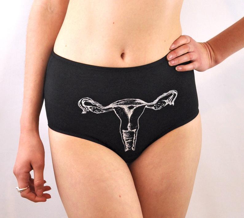 Black panties with white screen printed uterus underwear