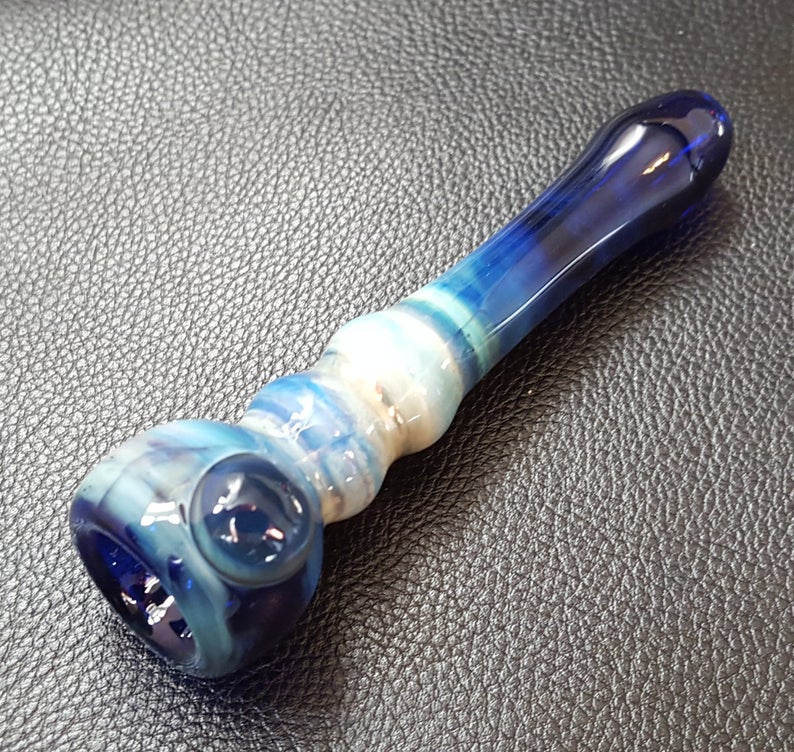 Glass Chillum Pipe Brilliant Blue with a Matching Dot. Made