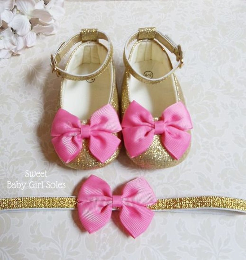 Gold Baby Shoes  First Birthday Outfit Girl Hot Pink  Hot