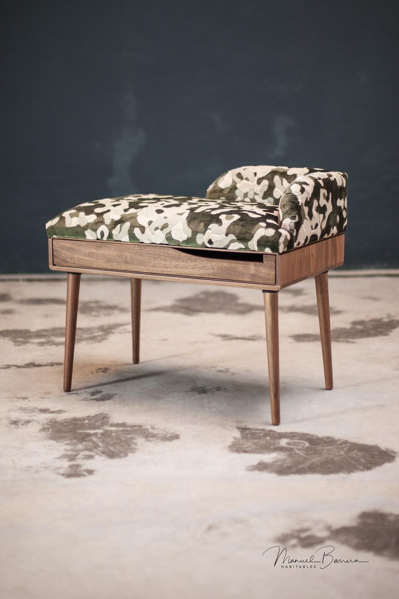 Upholstered bench / Stool / Seat / Ottoman / in oak / walnut