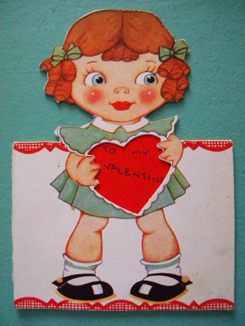 Vintage Valentine’s Day Card Redhead Girl Holding Heart