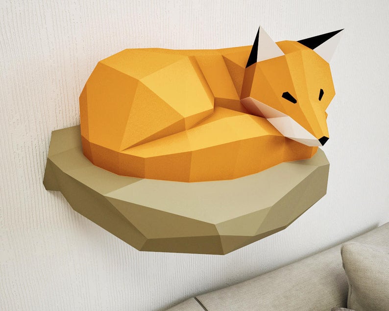 Papercraft Fox on rock paper model 3d paper craft paper