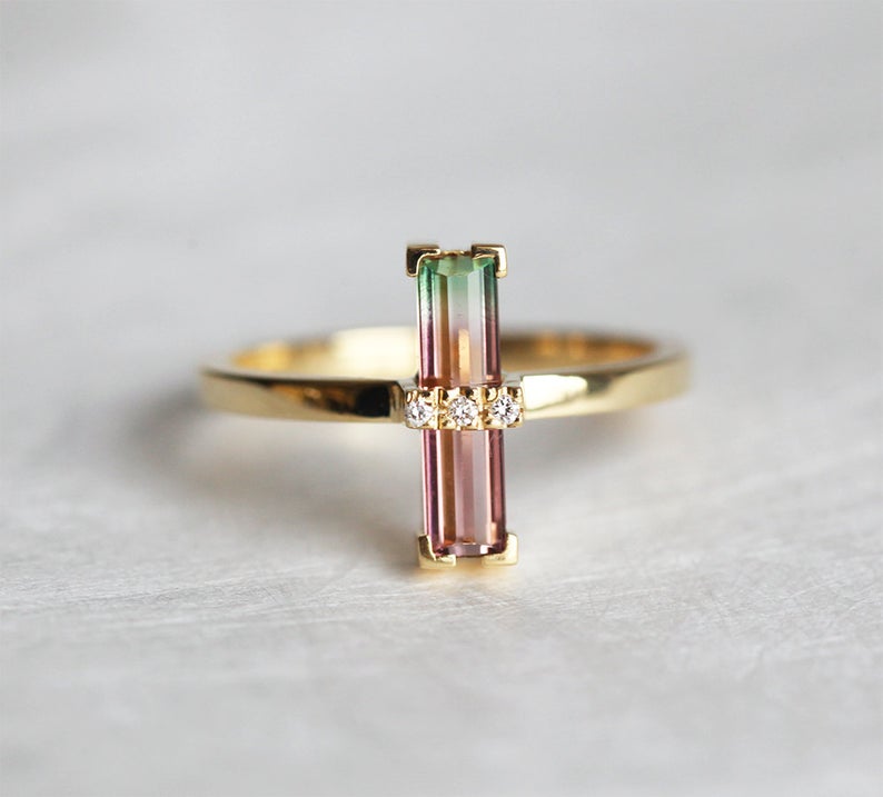 Watermelon Tourmaline Ring Unique Diamond Ring in 18k Yellow