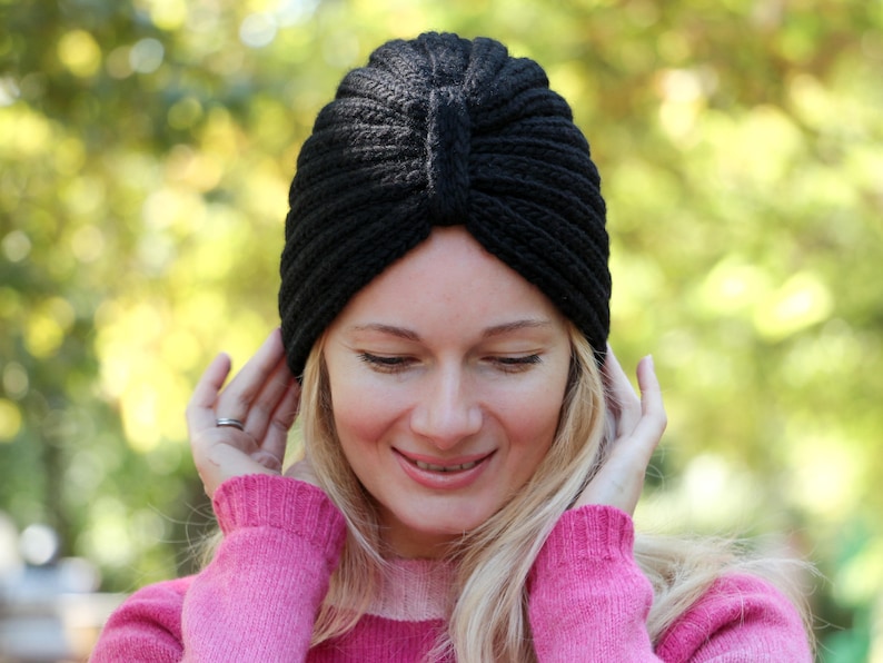Black turban hat knitted turban hat wool turban hat womens
