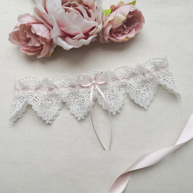 Ivory venise lace garter pink wedding garter guipure lace