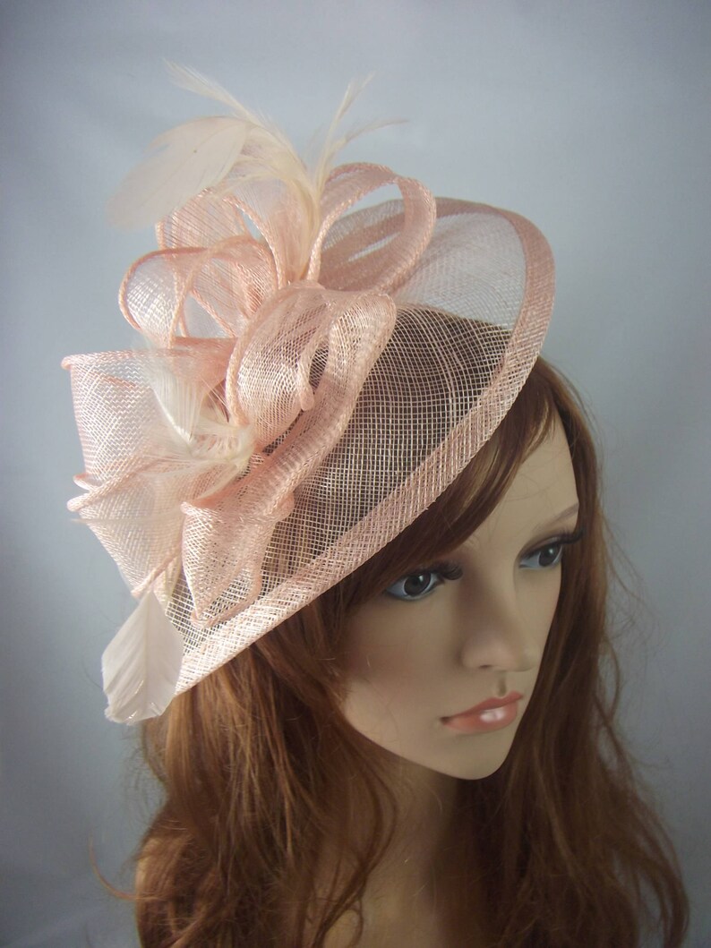 Nude Pink Teardrop Sinamay Fascinator with Feathers  Wedding