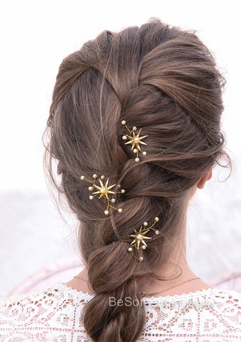 Wedding Hair Pins Star Flower and Champagne Pearl Celestial