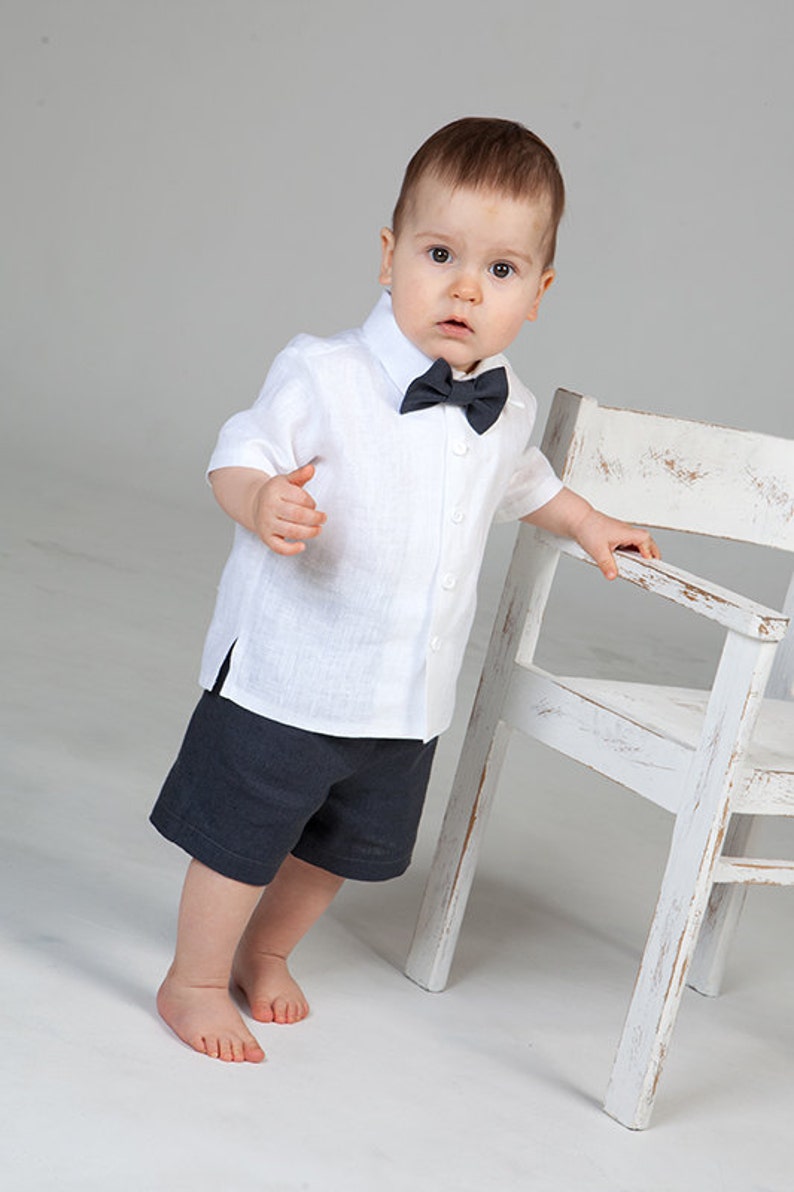 Baby boy linen suit Gray shorts White shirt Ring bearer outfit