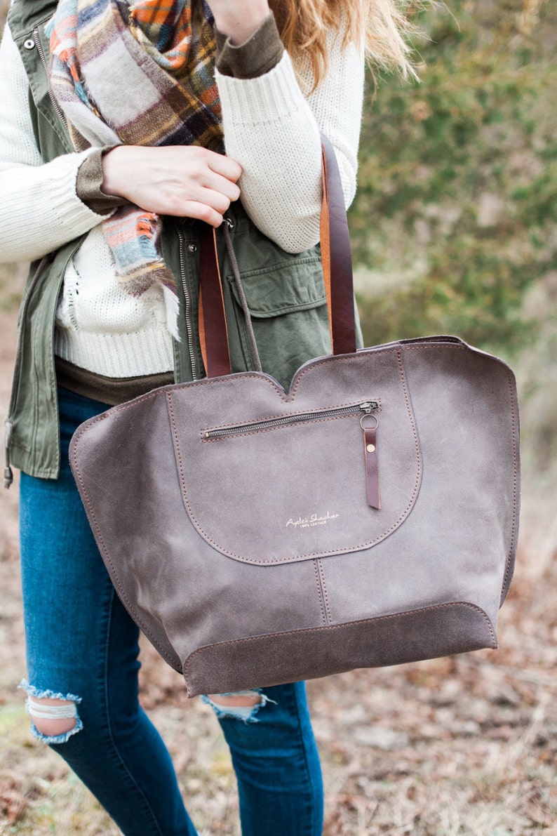 Leather Tote Bag/ Oversize Leather Bag/  Gray Leather Bag/