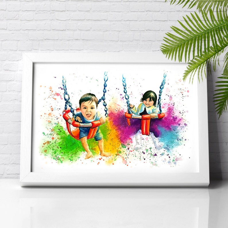 Personalised children couple colourful portrait illustration