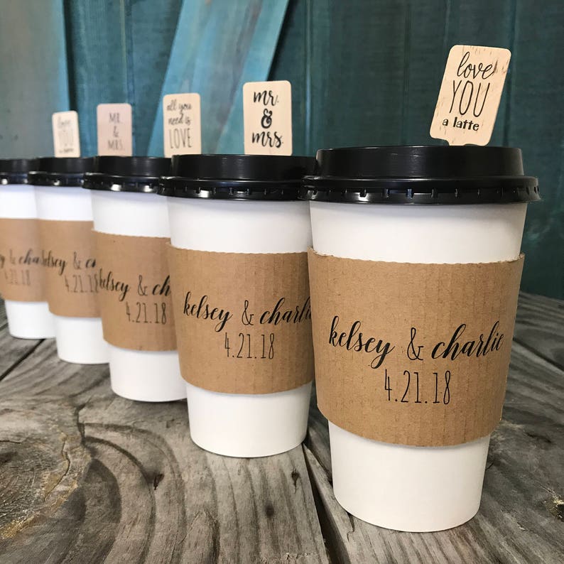 Personalized Printed Coffee Sleeves White Cups and Black Lids