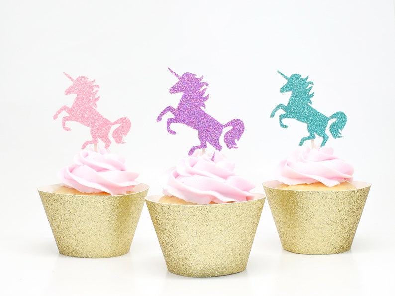 Unicorn Cupcake Toppers  Glitter  First Birthday Decor.