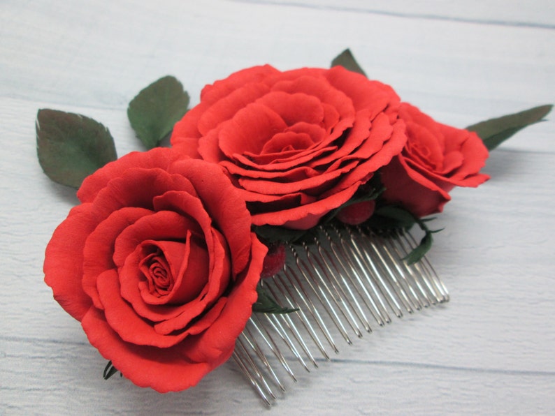 Bridal hair comb Floral hair comb red Bridal floral clip Rose