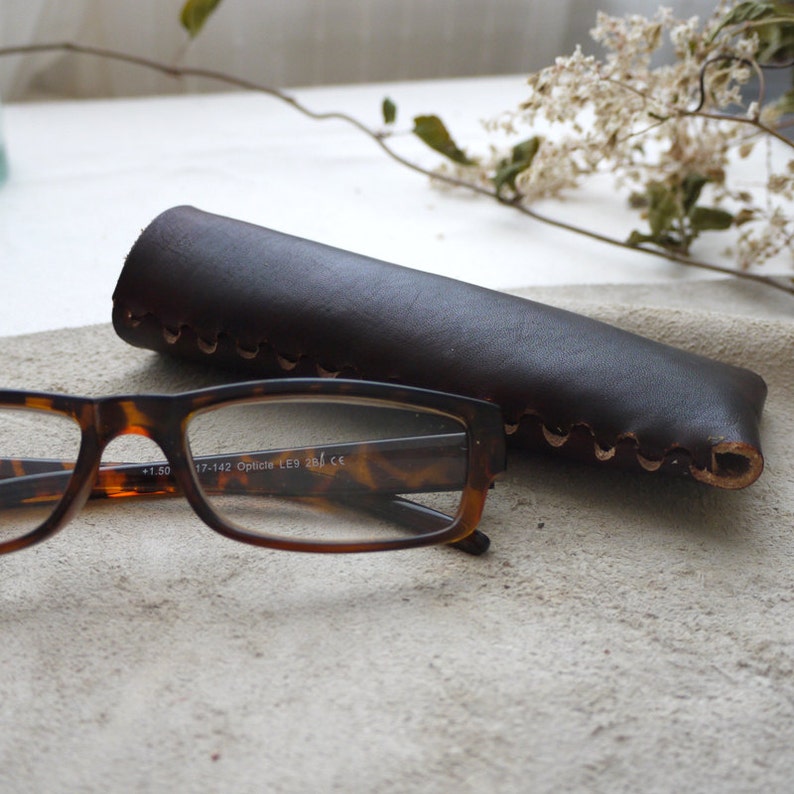 Dark brown leather glasses case.  Reading glasses case.