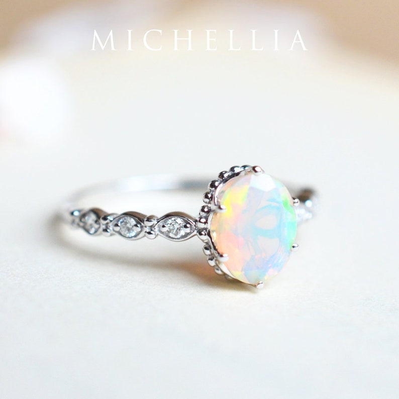 Evelina Opal Engagement Ring Vintage Crown Oval Opal Ring