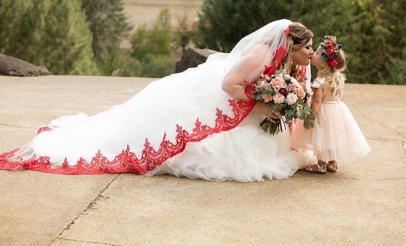 Red Lace Veil  Cathedral Veil  Red Sequined Lace  Red