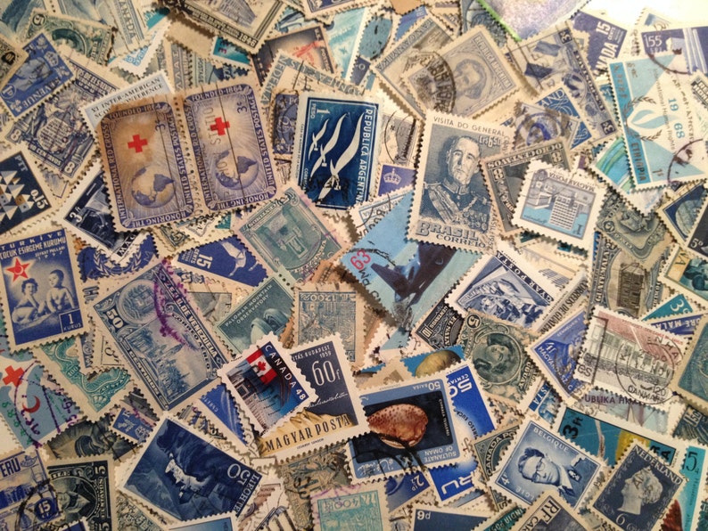 Shades of Blue Vintage Postage Stamps Lot of 50 Used Off