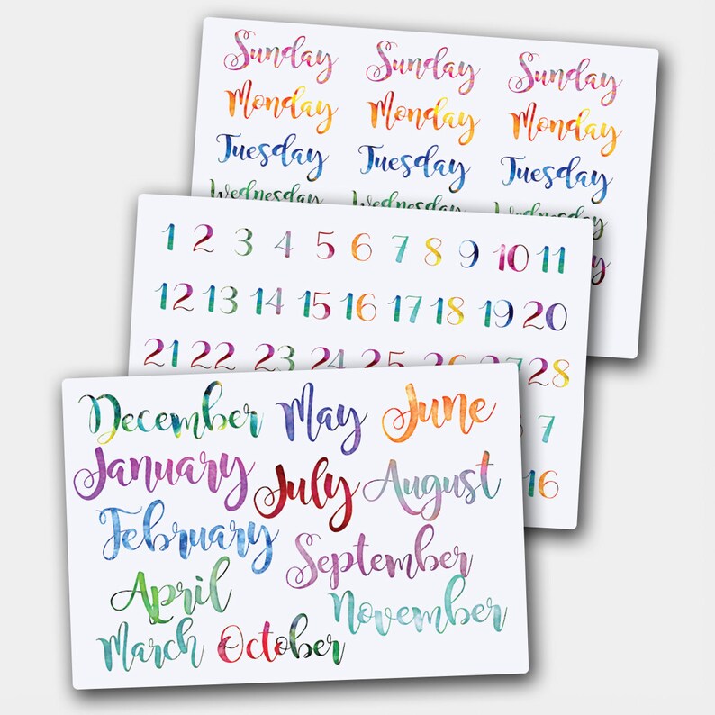 Watercolor Months Watercolor Stickers Watercolor Numbers