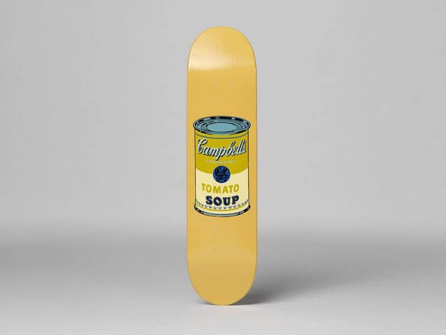 Beige skateboard deck by  Andy Warhol  Campbells Soup