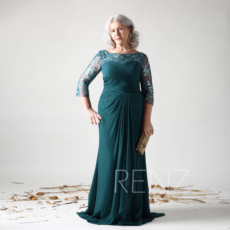 Emerald Green Mother of the Bride Formal Dress Illusion Long