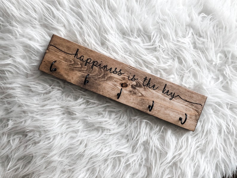 Happiness is the Key Rustic Wooden Key Hanger for Wall Wooden