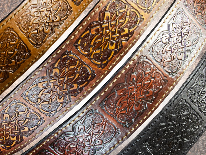 Leather Guitar Strap  Celtic Hounds  Solid Full-Grain