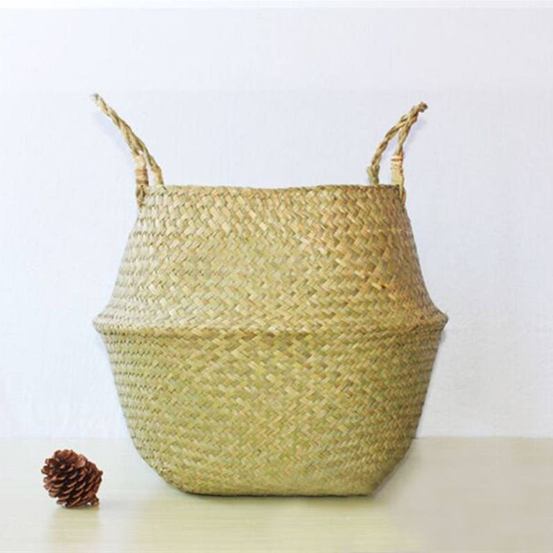 Natural Sea Grass Woven Foldable Belly Basket with Handle for