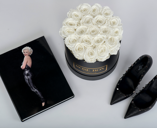 Pure White Roses in Medium Black Box
