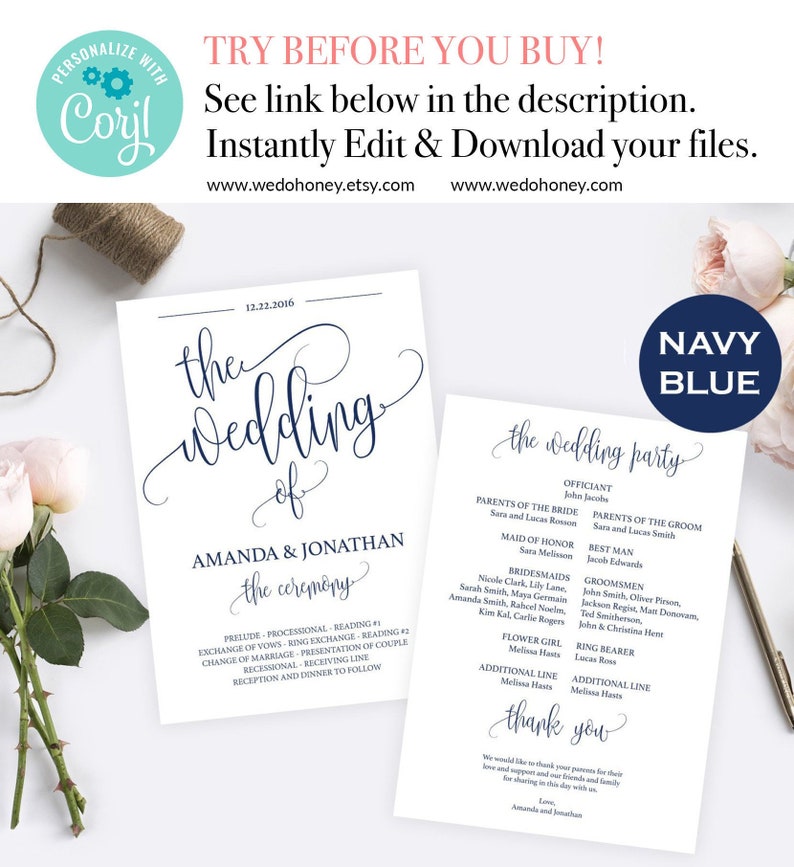 Wedding Program Template Navy Blue Instant Download Fully