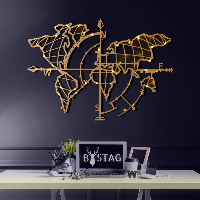 World Map Compass Gold Light Metal Wall Decor