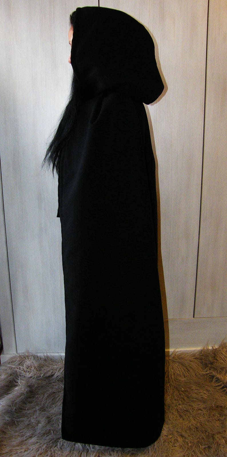 Black Wool Hooded Cloak Wool Hooded Coat Halloween Cloak