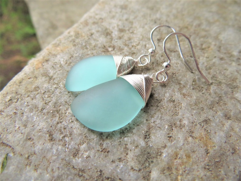 Blue sea glass earrings cultured mint beach jewelry  silver