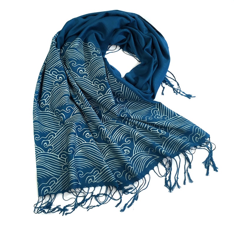 Crashing Waves scarf. Japanese textile motif pashmina. Bamboo