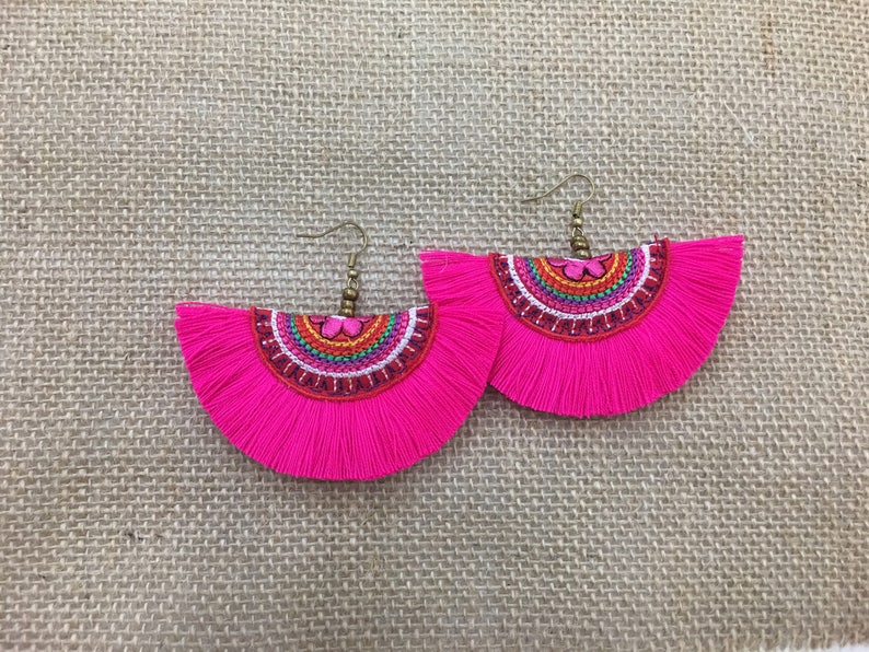 Handmade Women Boho Tassel Earrings With Embroidered Fabric