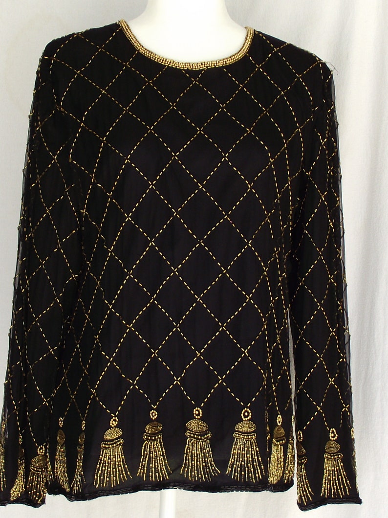 Laurence Kazar Black Gold Long Sleeve Silk & Bling Blouse Sz L