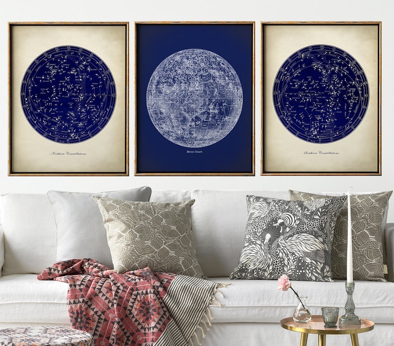 ASTRONOMY Print SET of 3 Astronomy set Moon chart print