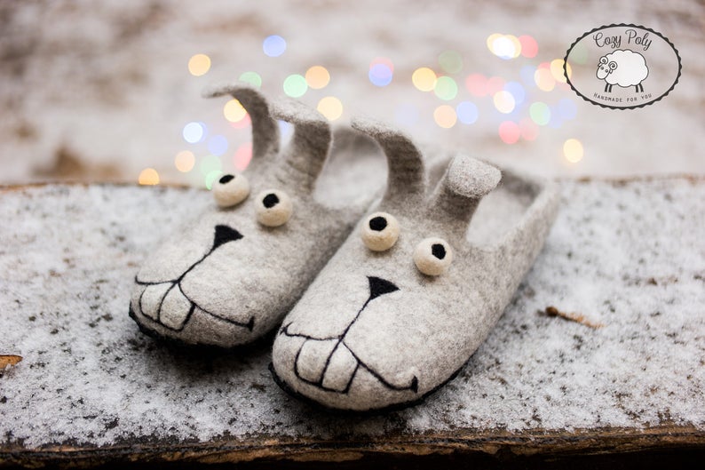 Cute bunny slippers women great felt wool christmas slippers