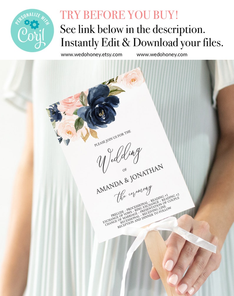 Floral Fan Wedding Program Template Watercolor Navy and