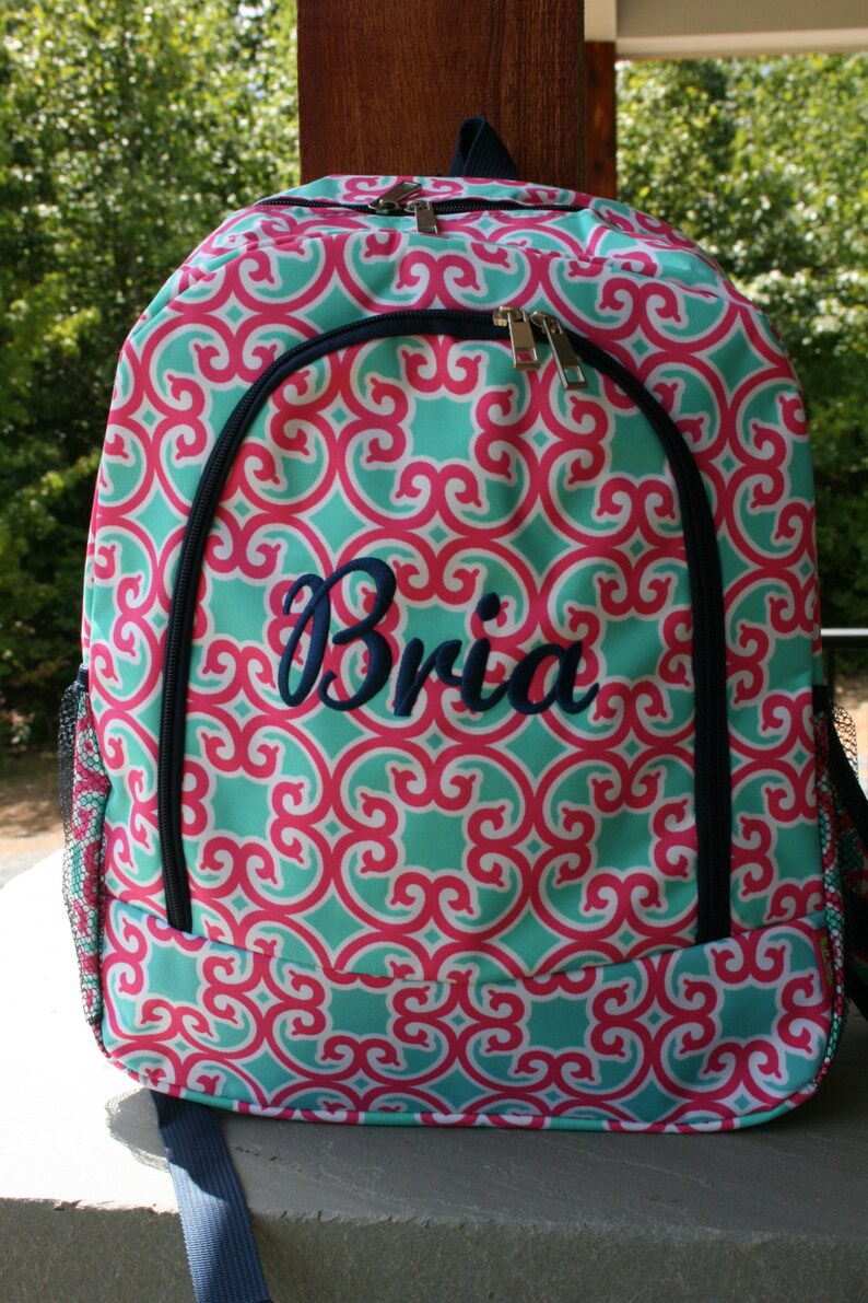 Monogrammed Girls Backpack Pink Mint Floral Girls Embroidered