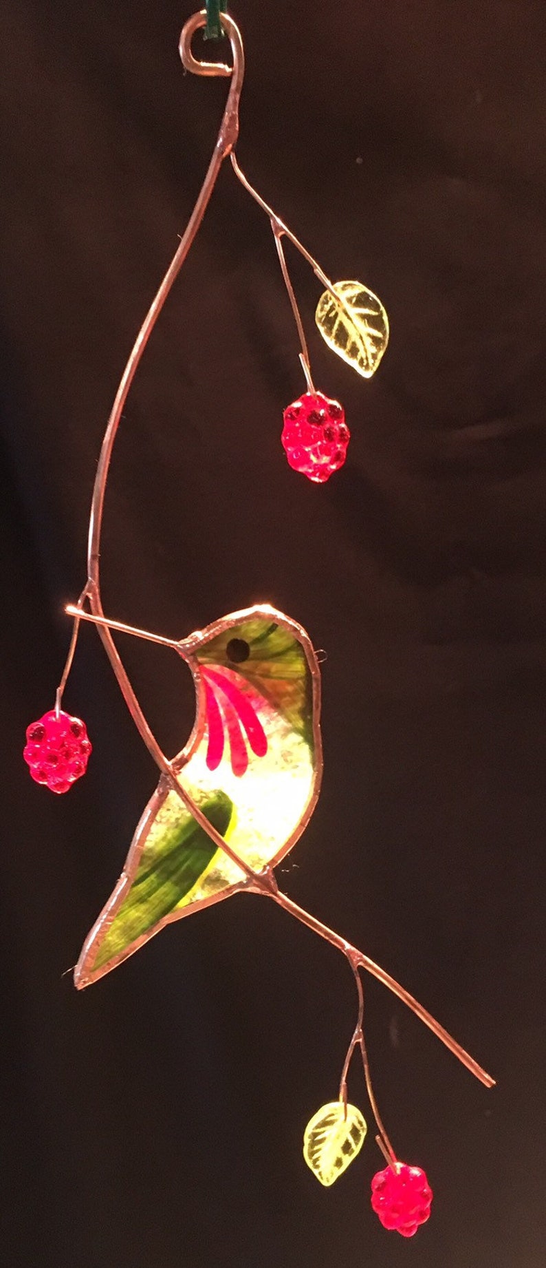 Turned Hummingbird with Berries stained glass suncatcher
